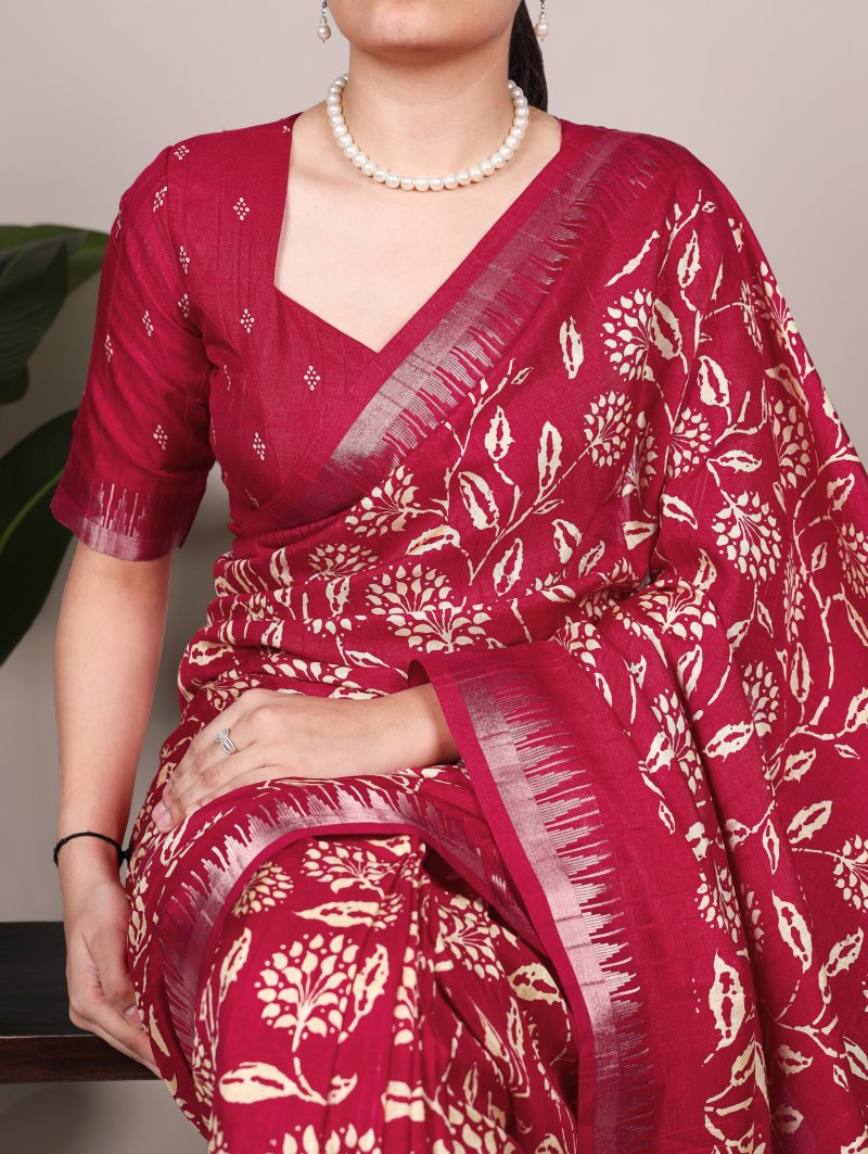 Ynf7214 Slub Silk Floral Printed With Zari Border Saree